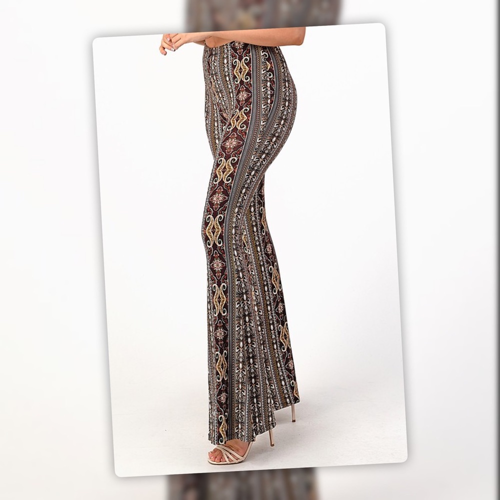Tik Tok Famous Brown Multi Tribal Print Bell Bottom Flare Stretch Pants - Picture 6 of 12